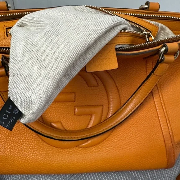 Authentic GUCCI Pebbled Calfskin Small Soho Top Handle Bag Curcuma- preowned - Picture 12 of 16